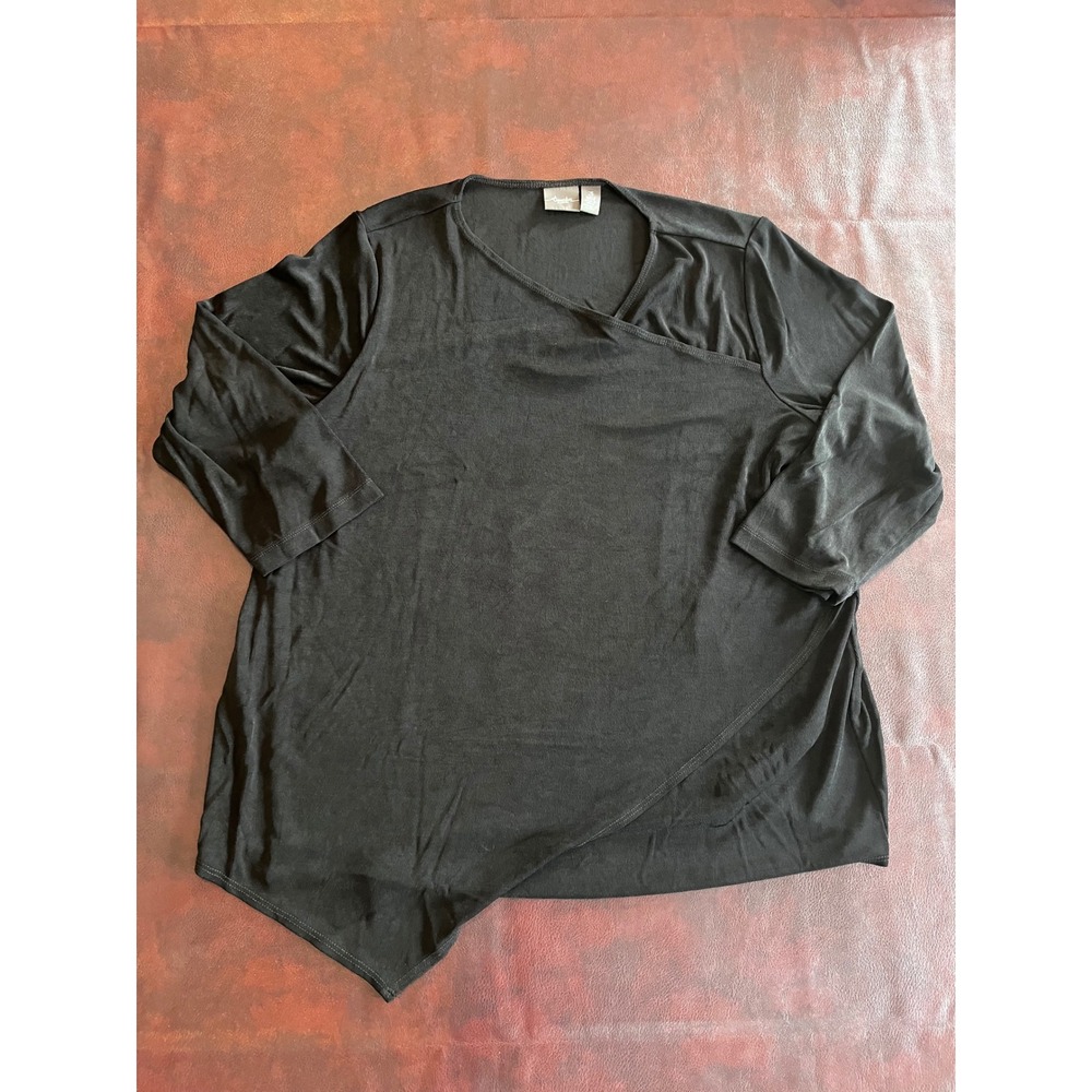 Chicos Travelers Black Asymmetrical Crossover Neck Top 3/4 Sleeve Size 3 XL